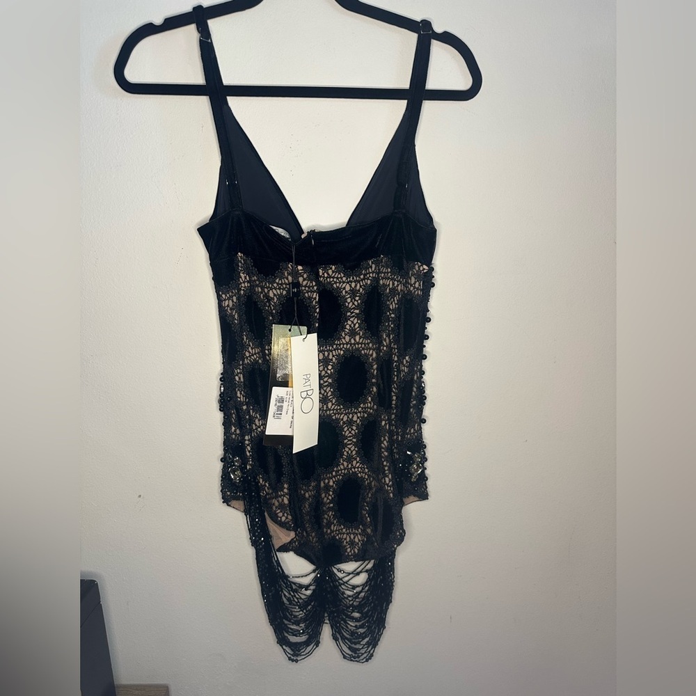 NWT PATBO black velvet fringe mini dress hand beaded rhinestone crochet Gatsby - Picture 14 of 16